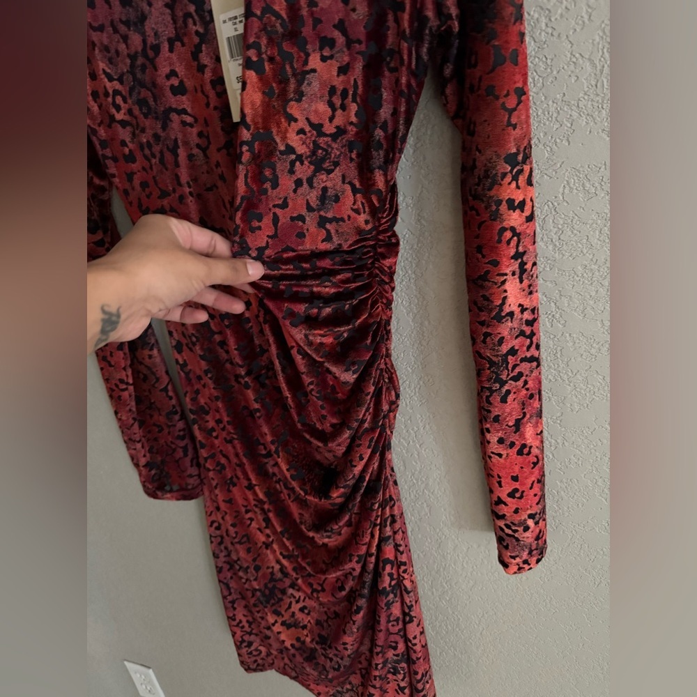 Fuzzi Italy Red Leopard Burnout Velvet Bodycon Dress XL Ruched Midi NWT - Picture 12 of 12